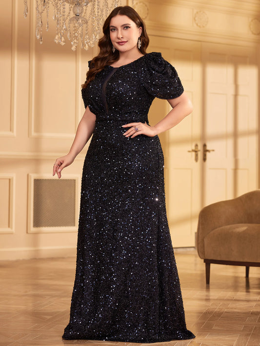 Maxy plus Size V-Neck Short Sleeve Glitter Evening Dress Skirt Sparkling Party Gown for Women