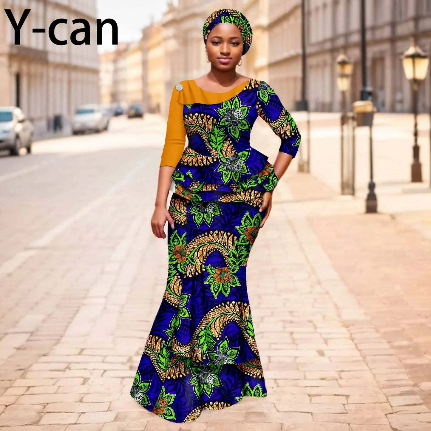 Maxy New African Dresses for Women Dashiki Print Patchwork Top and Mermaid Skirt Match Turban Traditional Wedding Party Dress 2526004