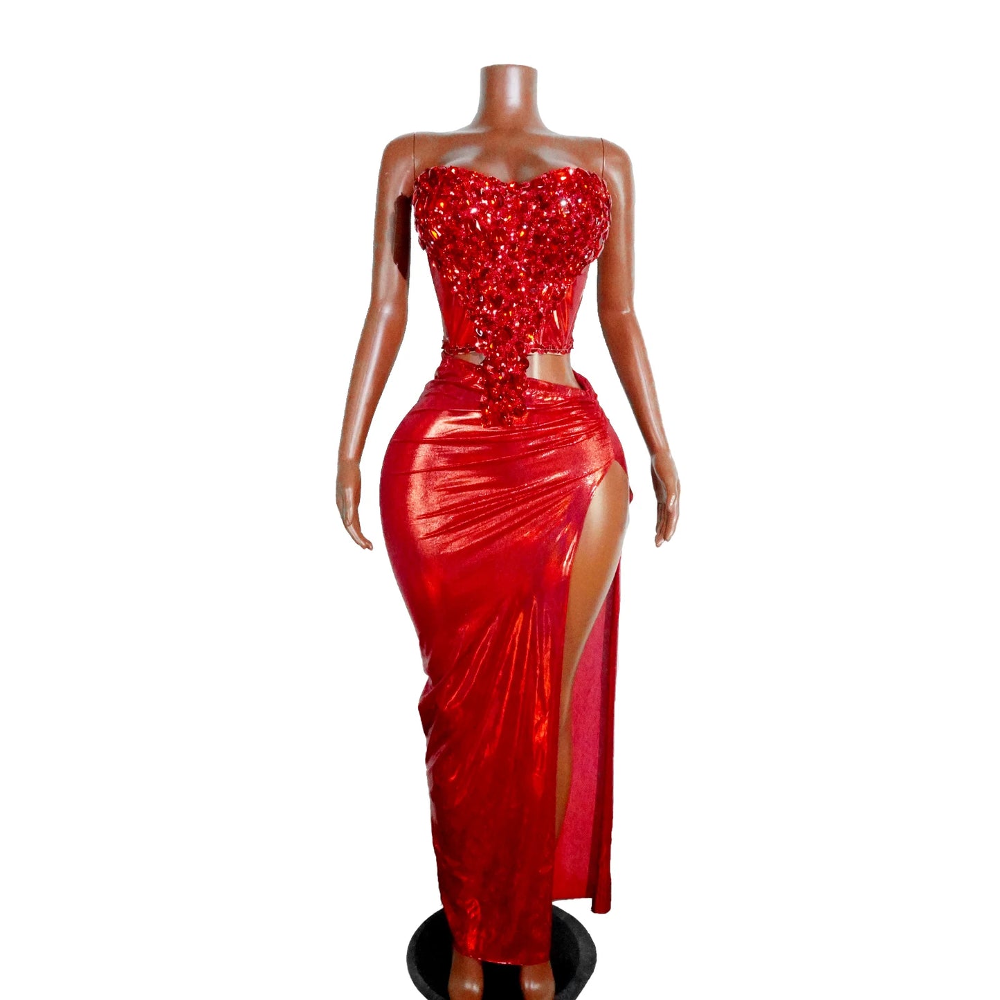 Sparkling Red Rhinestone High Slit 2PCS Long Dress Sequin Christmas Birthday Party Wedding Gown Nightclub Stage Wear Performance
