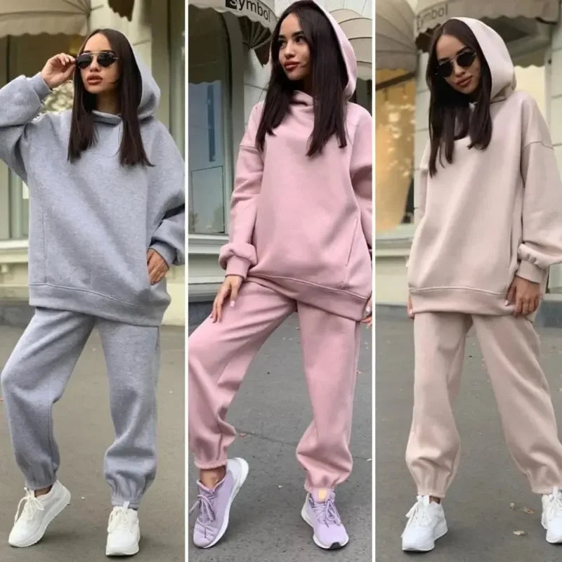 Maxy Winter Tracksuit Women Two Piece Set Solid Warm Suits Hoodies Sweatpants Oversized Pullovers Long Pant Sportswear