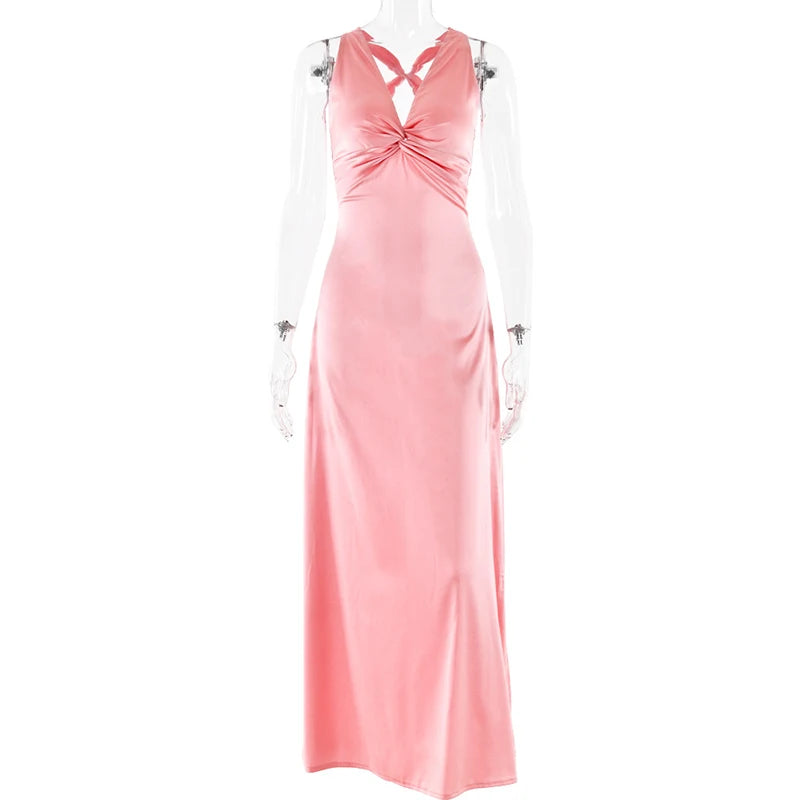 Maxy Elegant Sleeveless High Waist Summer Dress Satin Slim Solid Color Women's Long Dresses New Backless Bow Tie Up Party Dress