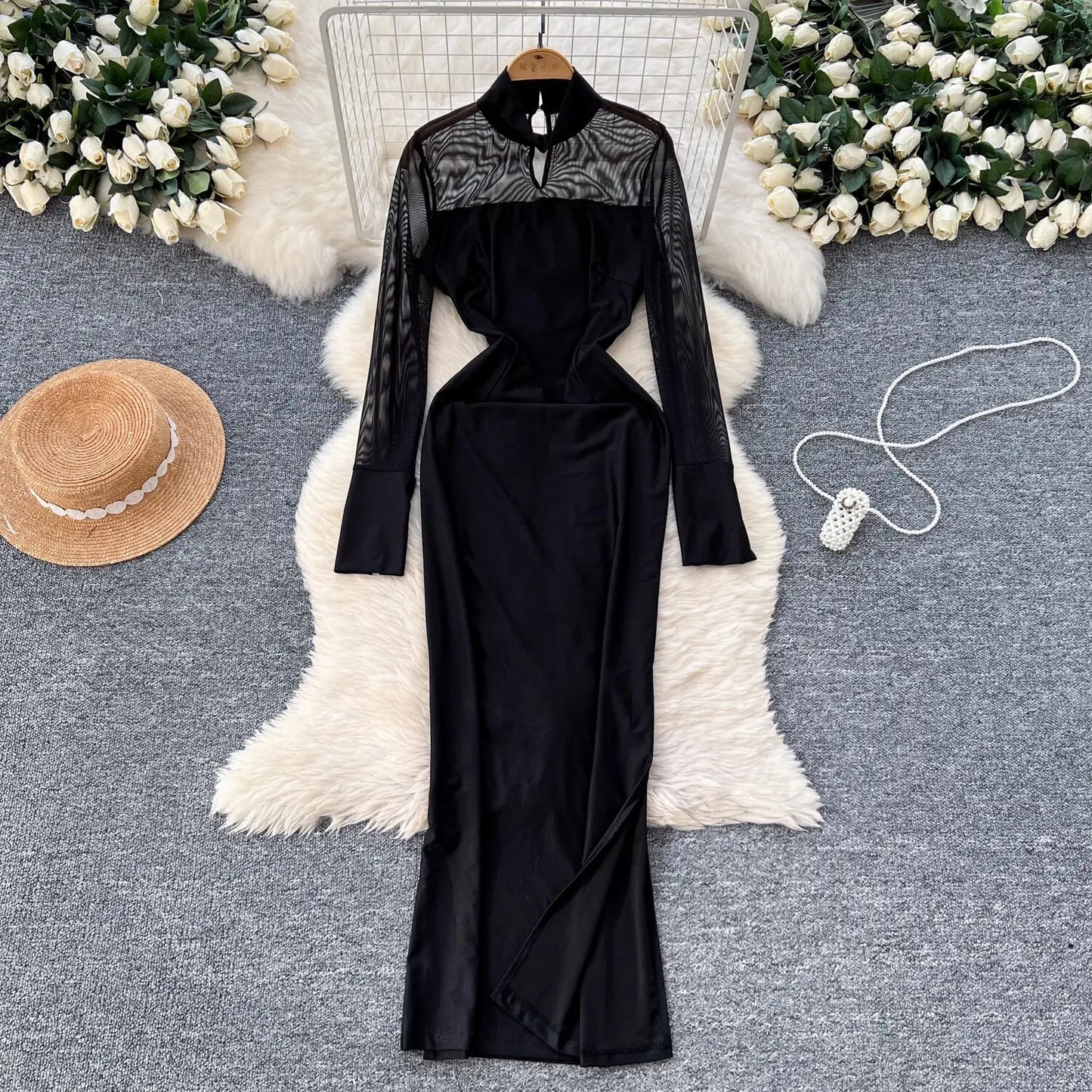 Amay Fashion Stand Collar Dress Women's Long Sleeves Hollow Out Gathered Waist Mesh Spliced Slim Dresses Autumn New 27X1903