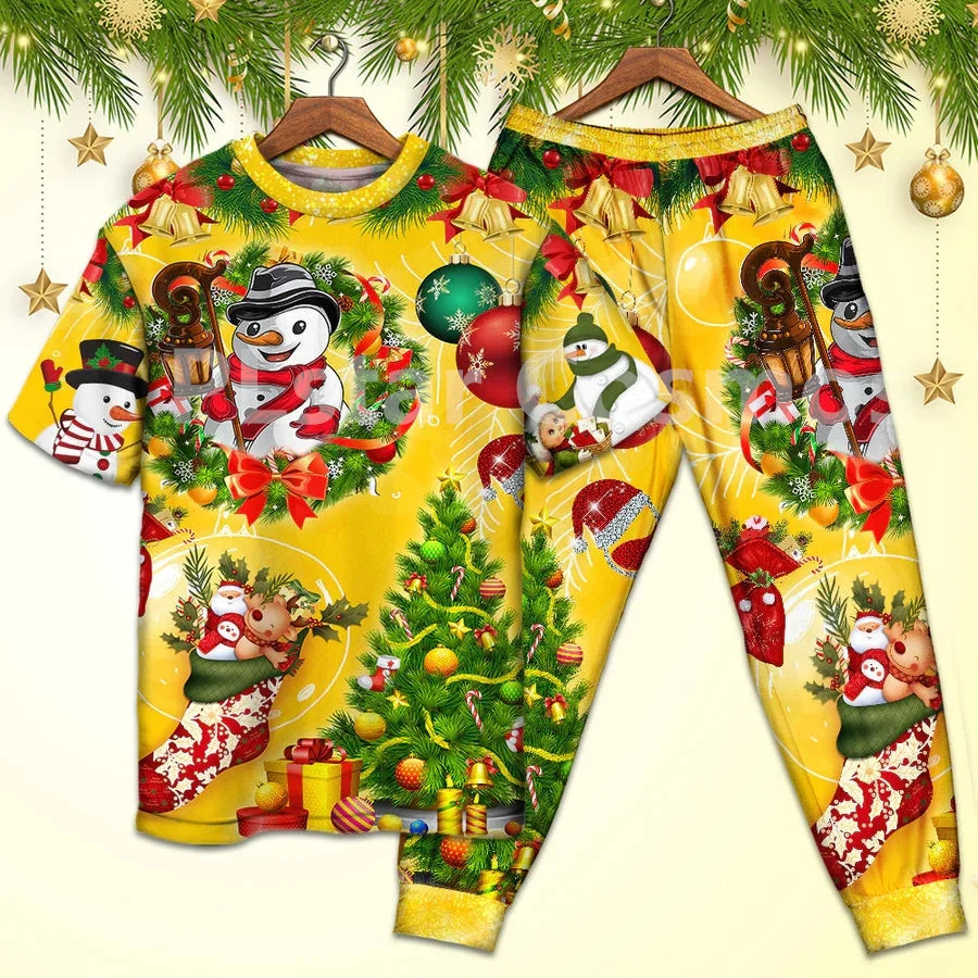 Christmas Funny Santa Claus Up On Rooftop Art Style - Pajamas Short Sleeve 3D All Over Printed Kids Pajamas Cosplay Clothes