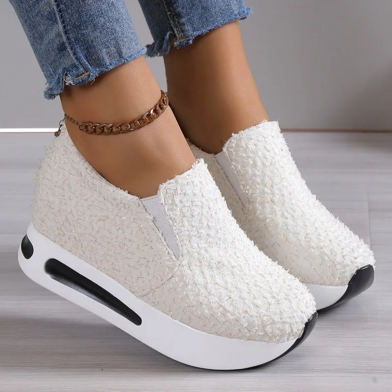 Maxy Elevated Inner Casual Sneakers Women Thick Soles Single Shoes Shallow Cut Round Toe Single Shoes Fashion Gold Riband Shoes