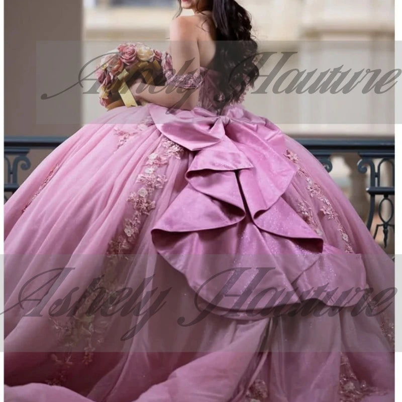 Maxy Princess Customized Mexican Pink Ball Gown Quinceanera Dresses For 15 Girls Beaded Appliques Women Prom Celebrity Party Gowns Vestidos