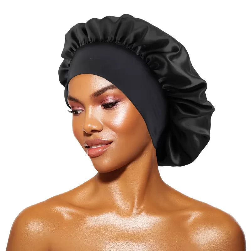 Maxy Women's Satin Solid Bonnets Wide-brimmed Night Sleeping Bathing Hat Unisex Head Wrap Elastic Band Cap Hair Care Bonnet