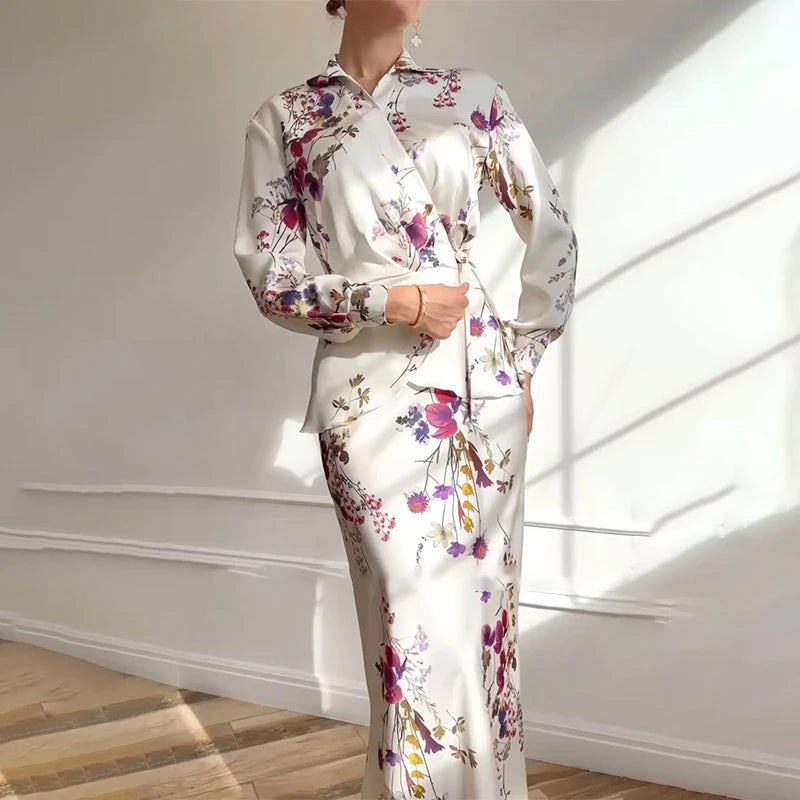 Maxy Ladies V-neck Long Sleeved Top and Skirt Two Piece Sets Spring Fashion Floral Print Slim Fit Suit Elegant Lace Up Party Outfits