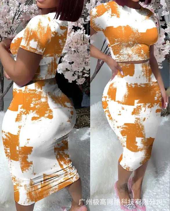 Maxy Fashion Skinny Party Two Piece Set Women Outfit Summer Light Pink Short Sleeved Top & Tight Fitting Mid Length Skirt Sets