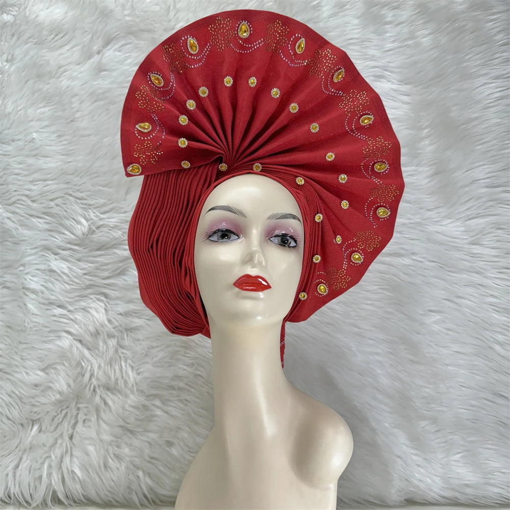 Maxy Luxury African Women’s Sego Head tie Crystal Stone Aso Oke Gele Aso Ebi Already Made Headtie Turban Cap Women Head Wear