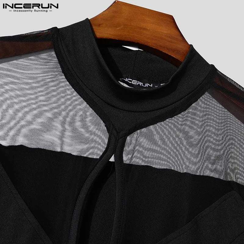 Amay Handsome Mesh Splicing T-shirt Men Long Sleeve Stand Collar Camasta Solid Color Fashion Hollow Design Knitted Tops
