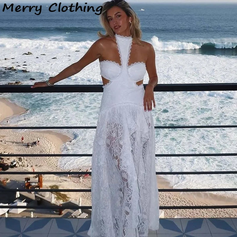 Maxy Sexy Lace Patchwork Dress Women Hollow Out Sleeveless Party Club Long Skirt See Through Halter Evening Gown Vacation Lady Robes