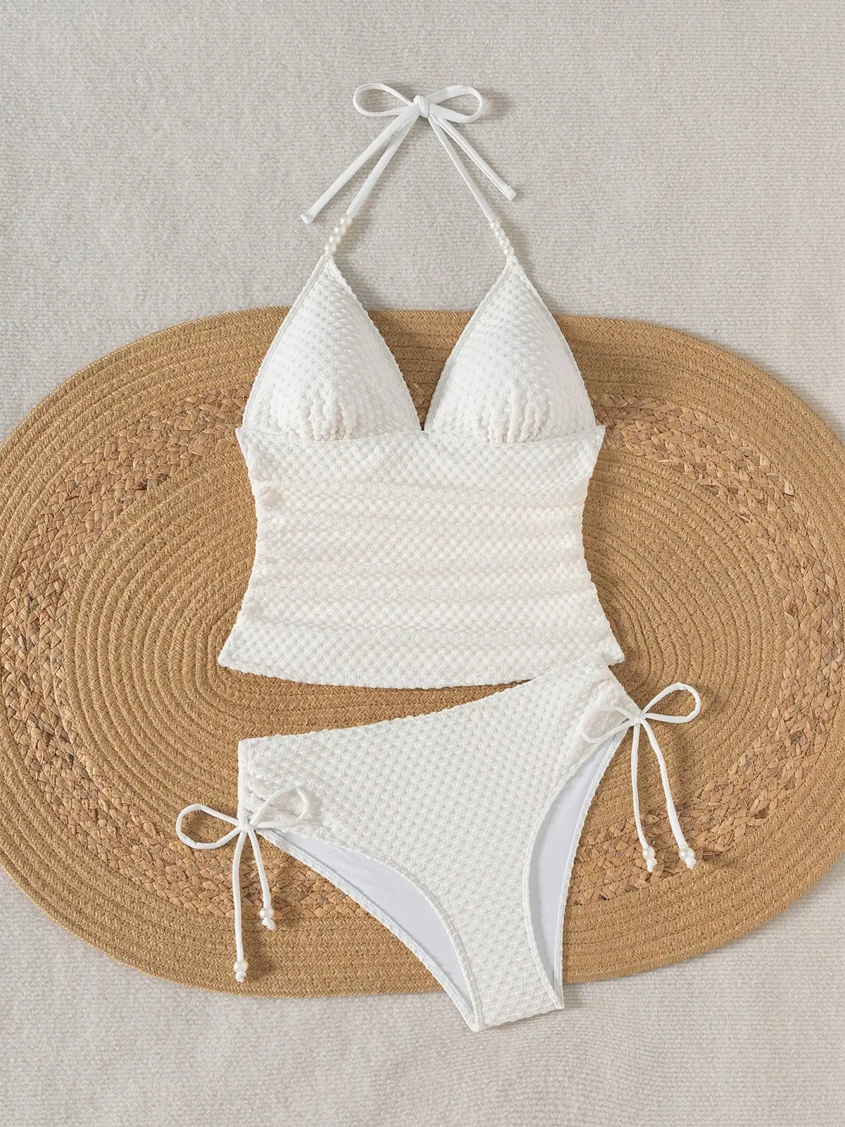 Maxy Women White Knitted Jacquard Beaded Drawstring Halter Neck Bikini Set
