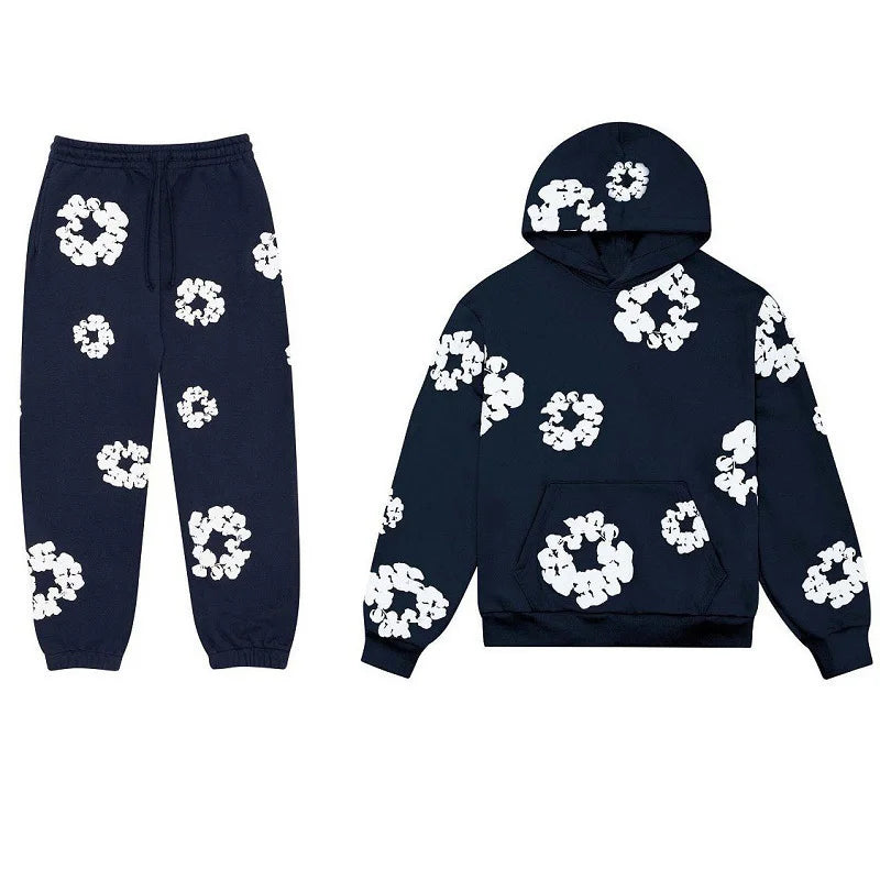 Maxy Flower Print Woman Hoodies Sets Oversized Hip Hop Pant Suit Hooded Sweatshirt Casual Sporty Sweatpant Trend Female 2pcs Set