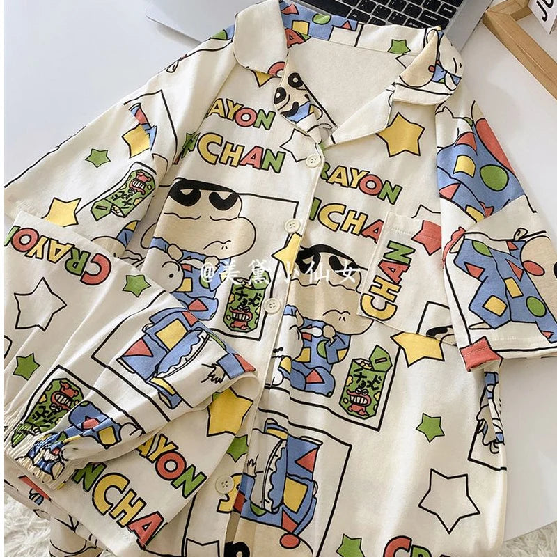 Maxy Cute Cartoon Crayon Shin Chan Pajama Kawaii Fashion Short Sleeved Casual Shorts Home Suit Set Christmas Present