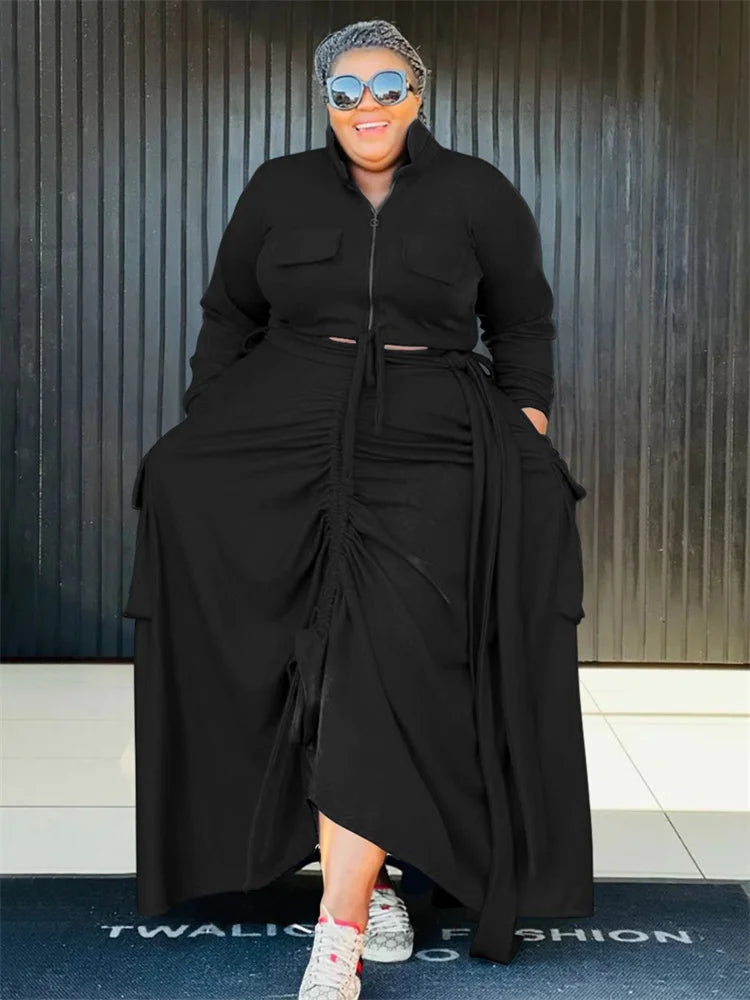 Wmstar Plus Size Two Piece Sets Women Fall Clothing Solid Zip Up Tops and Dress Sets Bandage New Wholesale Dropshopping 2024