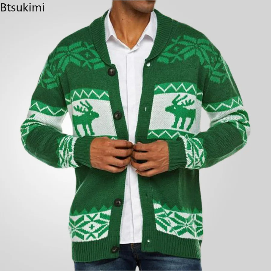 2025 Autumn Winter Men's Snowflake Christmas Sweater Knitted Sweater V-Neck Casual Knit Jumpers Pullovers Home Warm Outwear Male