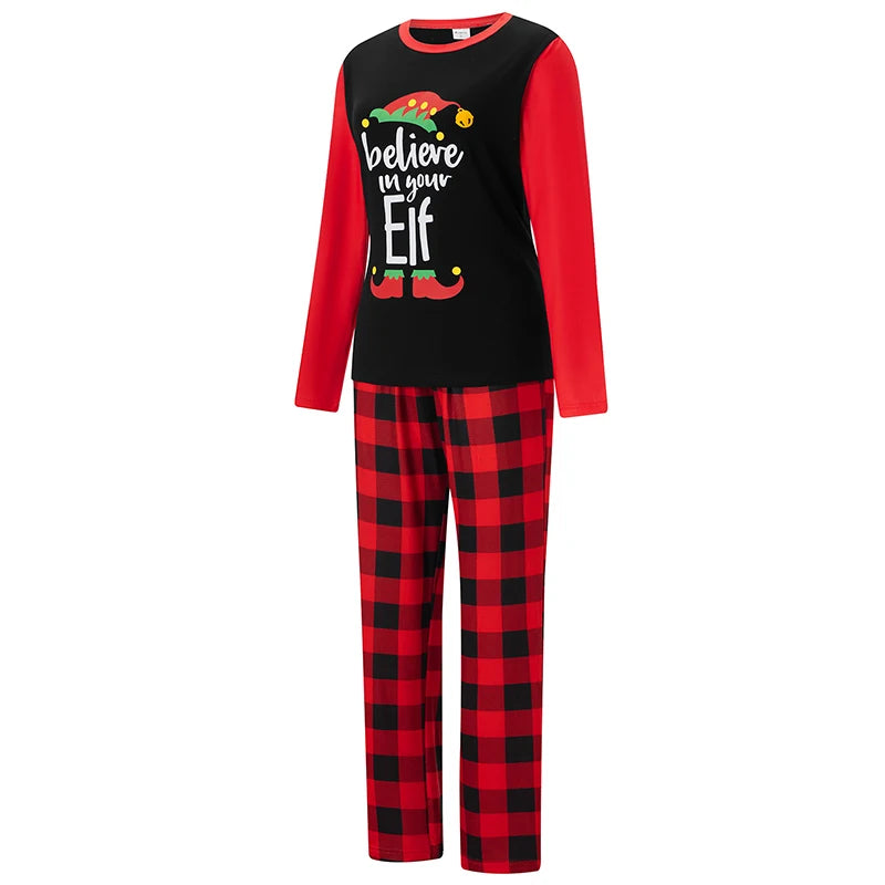 Matching Christmas Pajamas for Family Long Sleeve Elf Print Tops Plaid Pants Set Loungewear