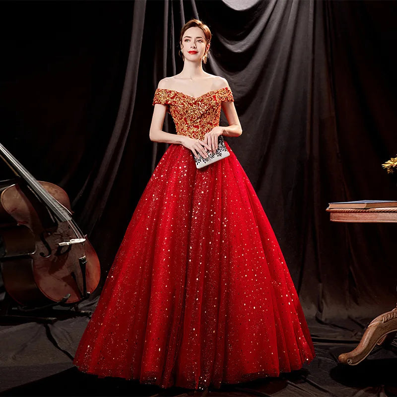 Maxy New Sparkling Gilded Red Glitter One Shoulder Bridal Wedding Toast Evening Dress Fashion Stage Performance Big Pendant Dress