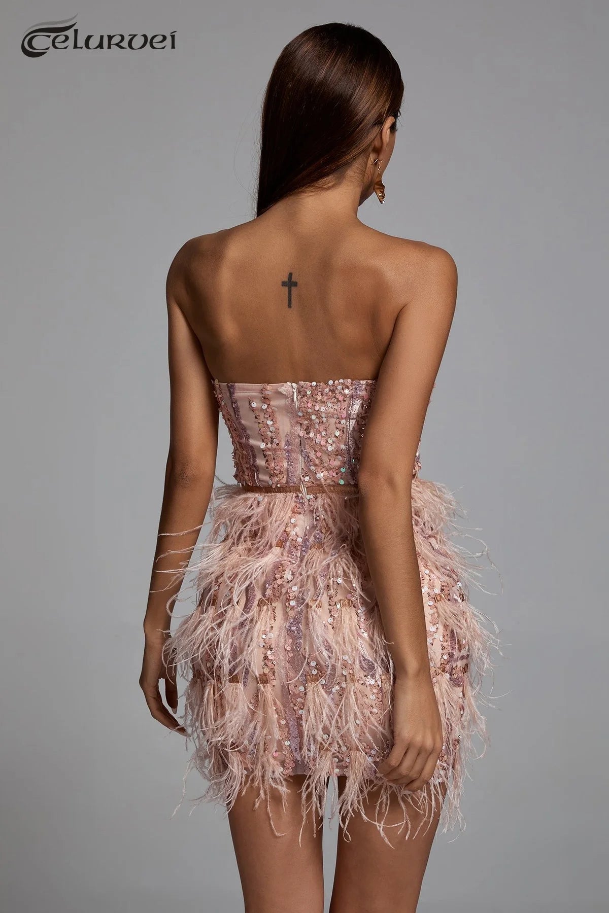 Babs High Quality Pink Sequin Feather Mini Dress Fashion Strapless Night Club Party Bodycon Dress