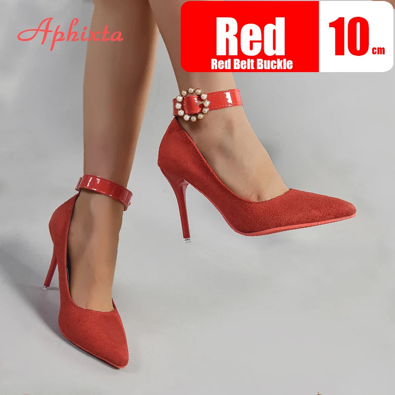 Amay Apheta Round Pearl Metal Belt Buckle 10cm Stiletto Heels Flock Pumps Women Banquet Shoes Strap Pimp Pointed Toe Big Size 35-50