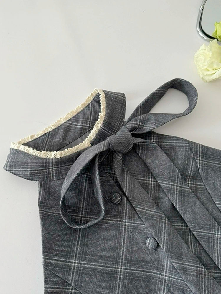 Amay Summer Women Old Money Ballet Core Party Rave Birthday Vacation Club Suit Lace Plaid Outfits 2 Piece Set Tank Top + Mini Skirt