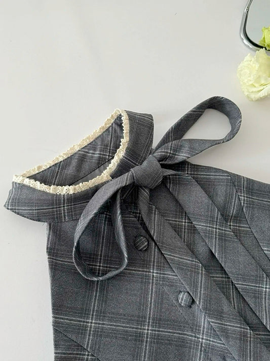 Amay Summer Women Old Money Ballet Core Party Rave Birthday Vacation Club Suit Lace Plaid Outfits 2 Piece Set Tank Top + Mini Skirt