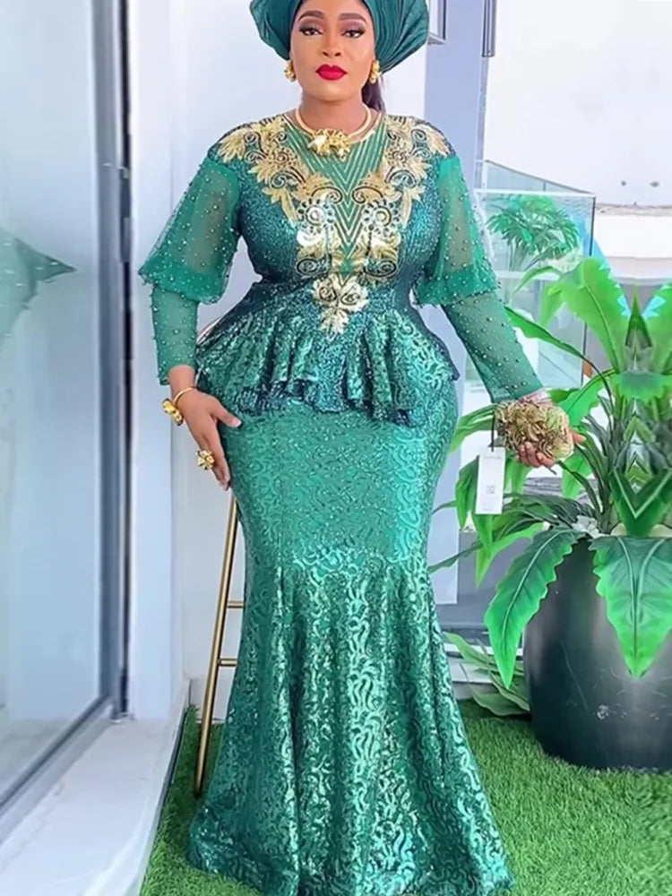 Maxy Plus Size African Party Dresses For Women New Fashion Dashiki Ankara Sequin Wedding Gowns Elegant Turkey Muslim Maxy Dress