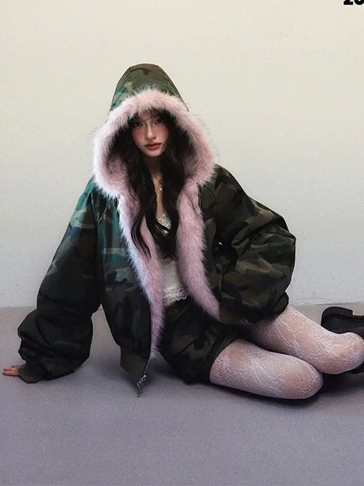 Maxy New Winter American Retro Pink Fur Hooded Workwear Thickened Short Jacket Skirt Two-piece Suit for Women
