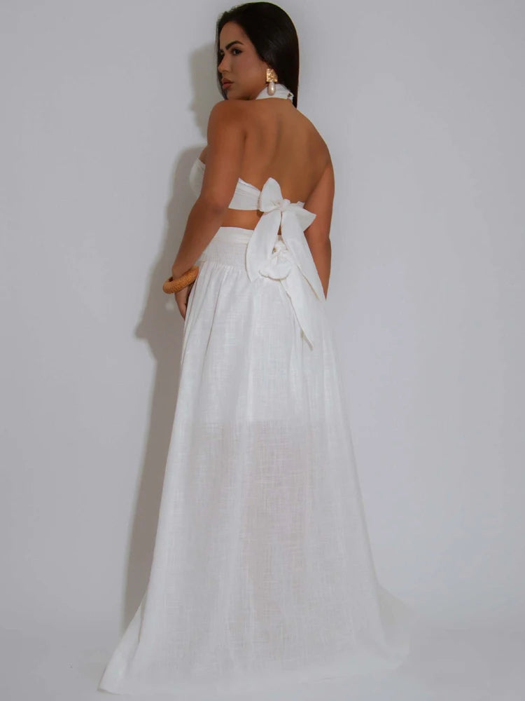 Maxy Beyerene Elegant Gold Ring Bandeau Long Skirt Two-Piece Set Women Beautiful Cut-Out Ruched Maxy Skirt Set White Vacation Outfits