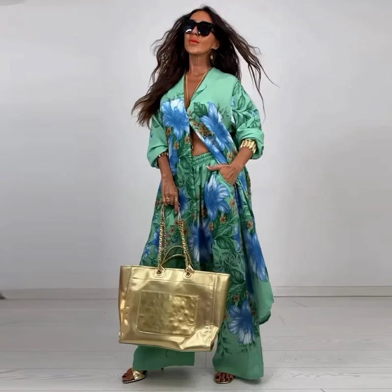 Maxy Business Casual White Tropical Print Long Sleeve Pocket Casual Wide Leg Two Piece Pant Set for Women Autumn Vintage 2 Piece Set