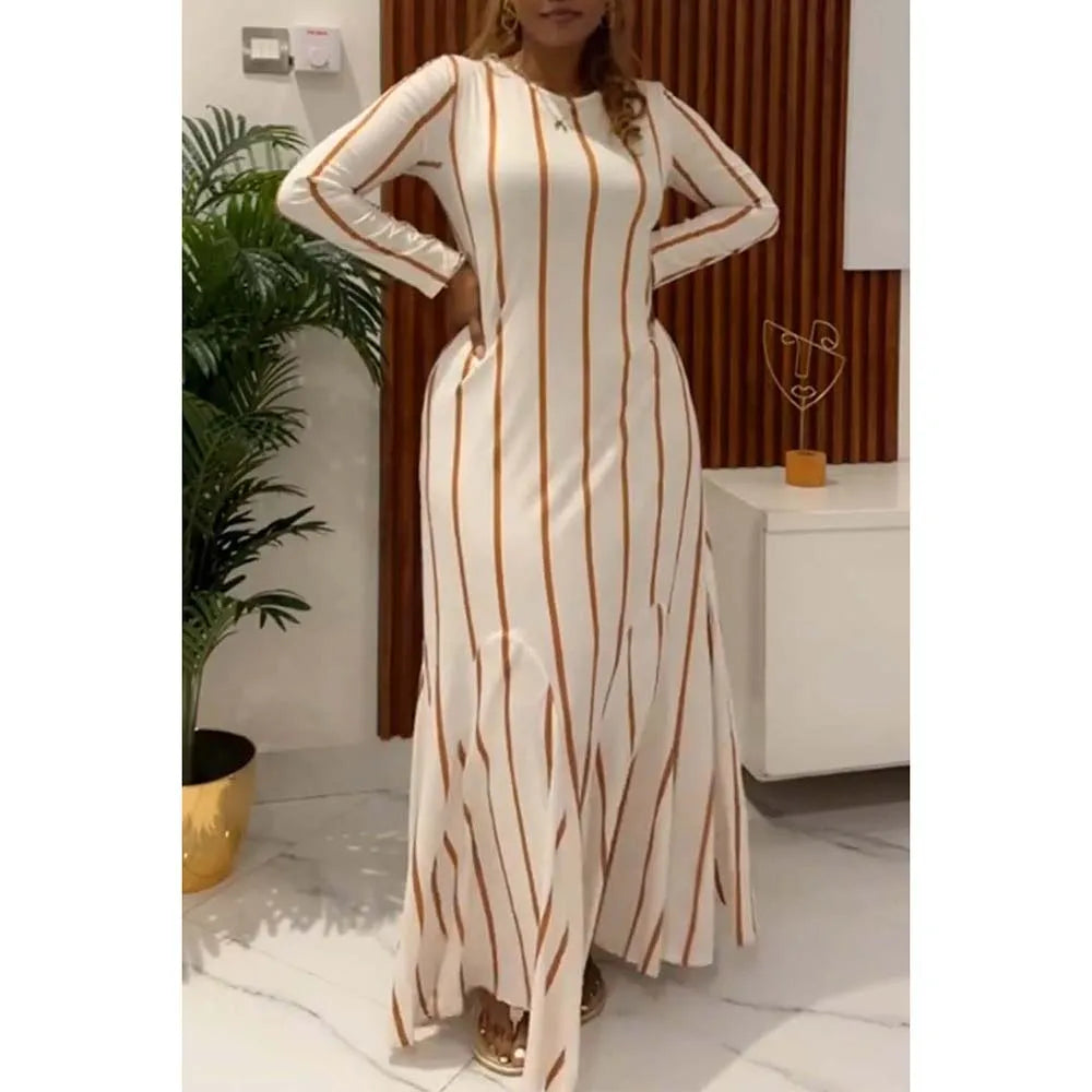 Maxy Plus Size Semi Formal Maxi Dresses Elegant White Striped Fall Winter Long Sleeve Cotton Maxy Dresses