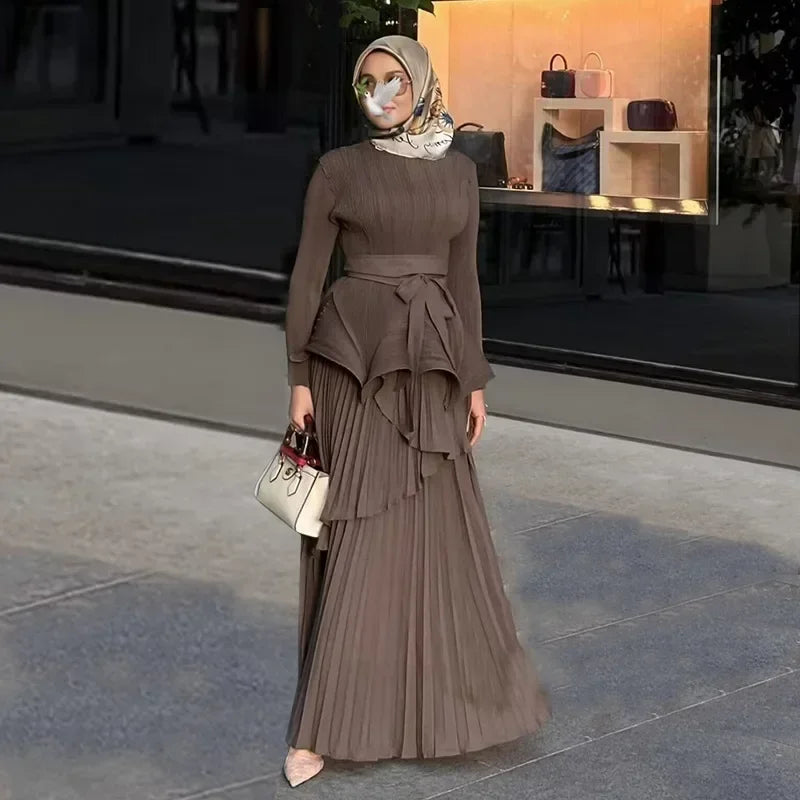 Amay Pleated Irregular Lantern 2 Piece Set Skirt + Long Swing Dress Set Autumn Solid Long Sleeved Lace Up Design Two Piece Set