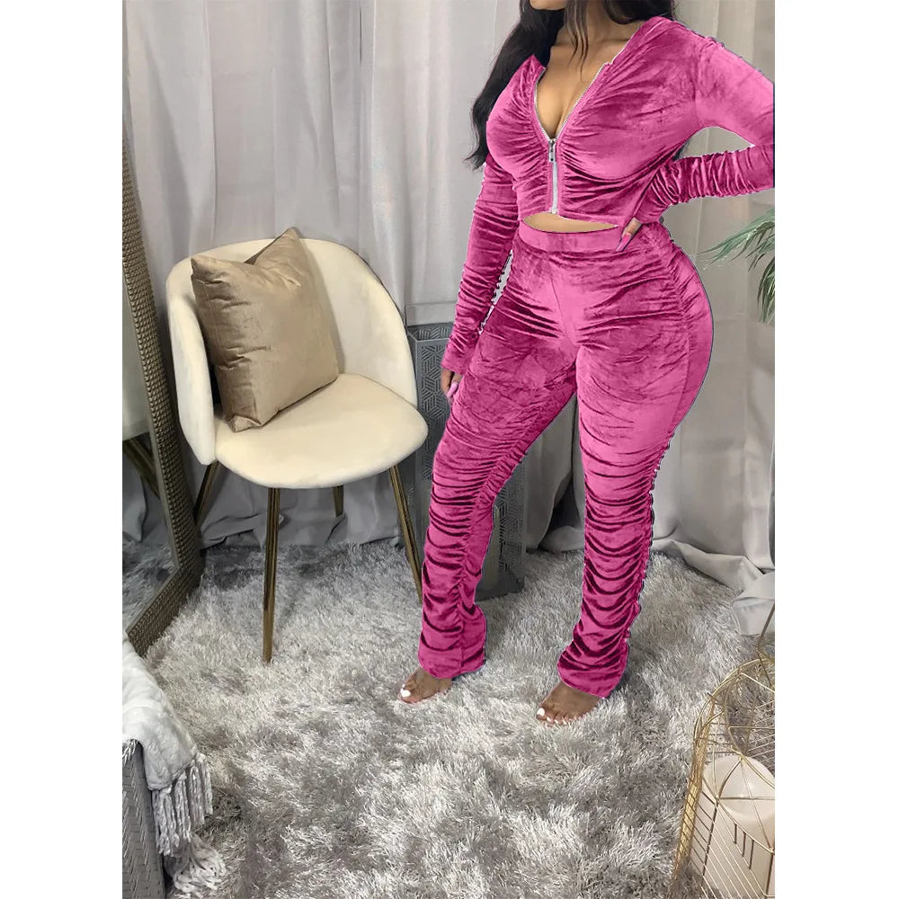 Maxy Autumn Winter Velvet Tracksuit Two Piece Set for Women Matching Sets Ruched Hoodies Jacket Stacked Pants Joggers Sweat Suits