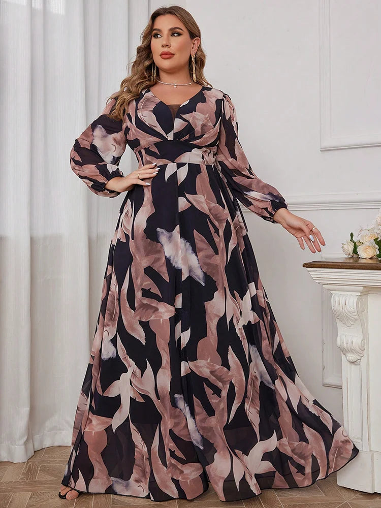 Maxy-Floral Print Lantern Sleeve Dress for Women, Casual Elegant Split Thigh Dress, Spring and Summer Clothing, Plus Size
