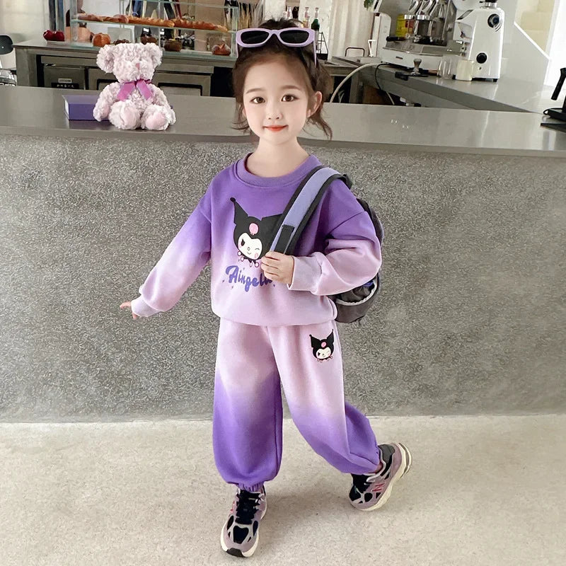 Maxy New Anime Sanrio Kuromi Cartoon Print Hoodies Sets for Girls Long Sleeved Top and Long Pant Children's Tracksuits Birthday Gifts
