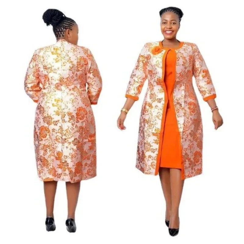 Maxy 2 Piece Set long Coat and Dress Christmas African Midi Dresses Women Bazin Riche African Clothing Dresses Africa Clothes