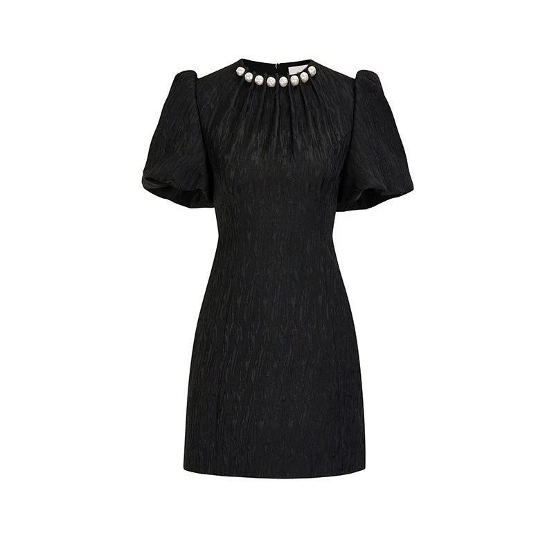 Summer New Arrival Fashion 2024 Women’s O-neck Short Sleeve Pleated Pearls Beading Elegant Black Mini Slim Dresses