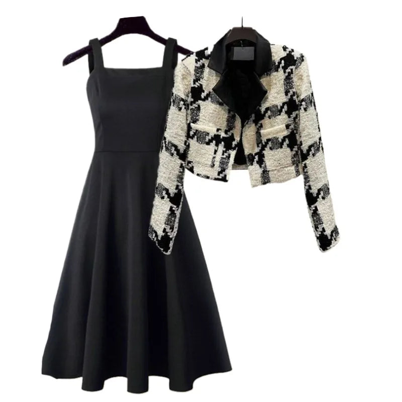 Maxy Fashionable Women's Set Spring and Autumn New Korean Edition High End Short Coat Age Reducing Dress Two Piece Set