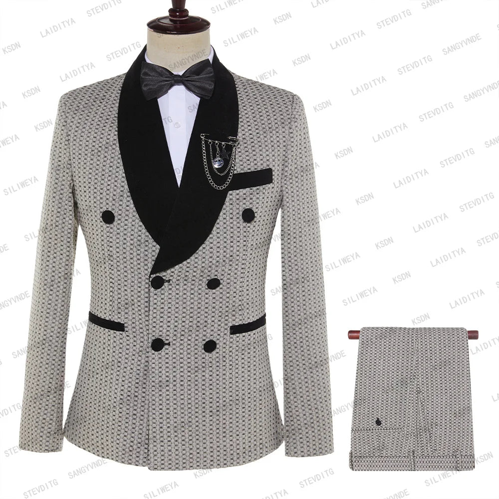 Maxy Fashion New Men's Business Double Breasted Suit Khaki Black Velvet Lapel Polka Dots Slim Fit Wedding 2 Pcs Set Jacket Pants