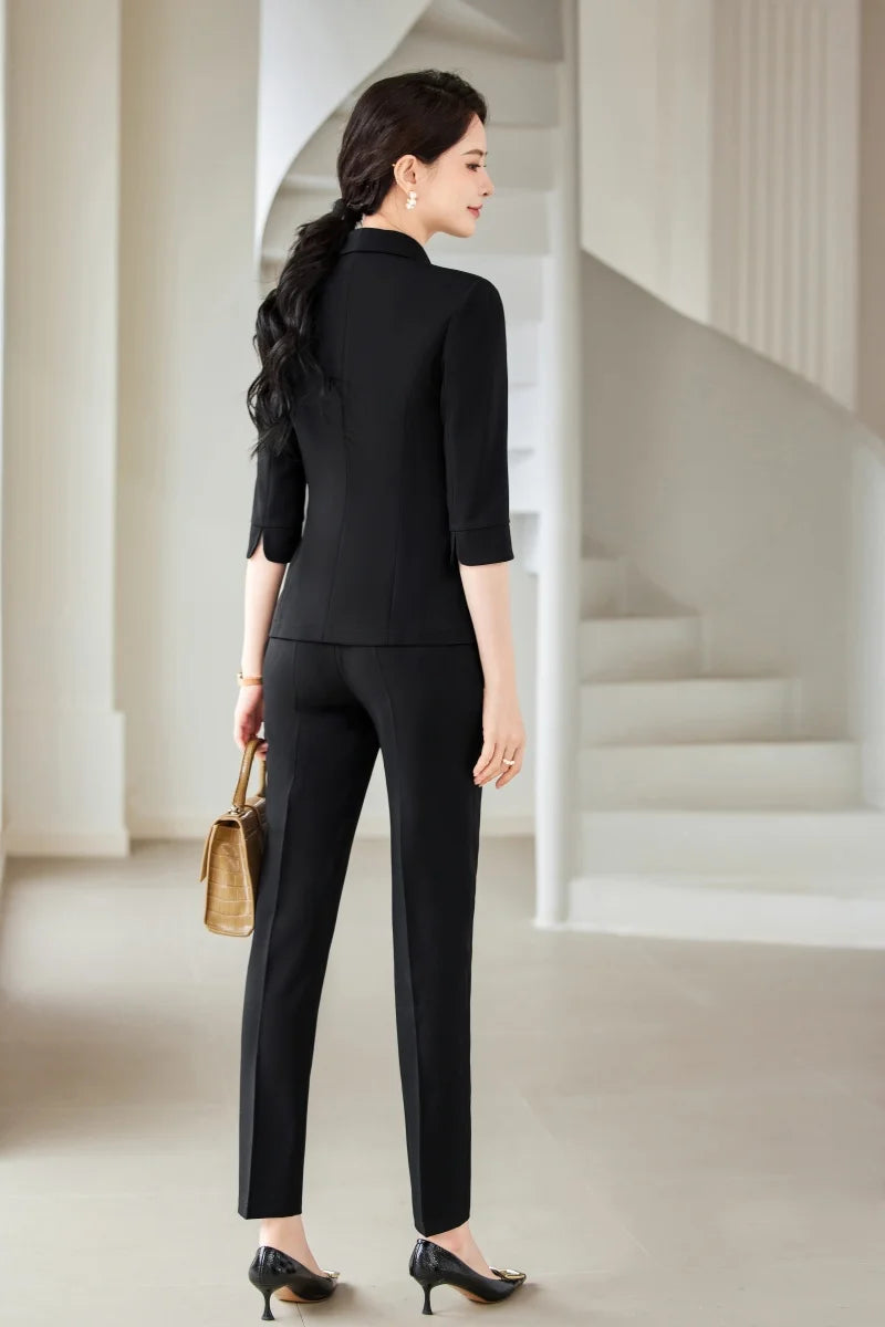 Maxy Women's Mid-Sleeve Blazer and Trousers Suit, Fashionable and Elegant, Spring and Summer, 2-Piece.