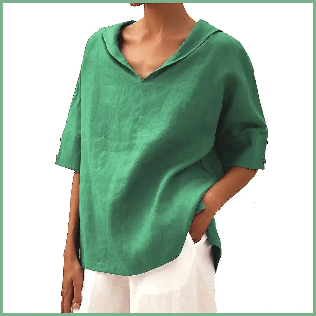 Maxy Women's Loose V-Neck Cotton Linen Shirt, Casual Elegant Summer Blouse Office Wear