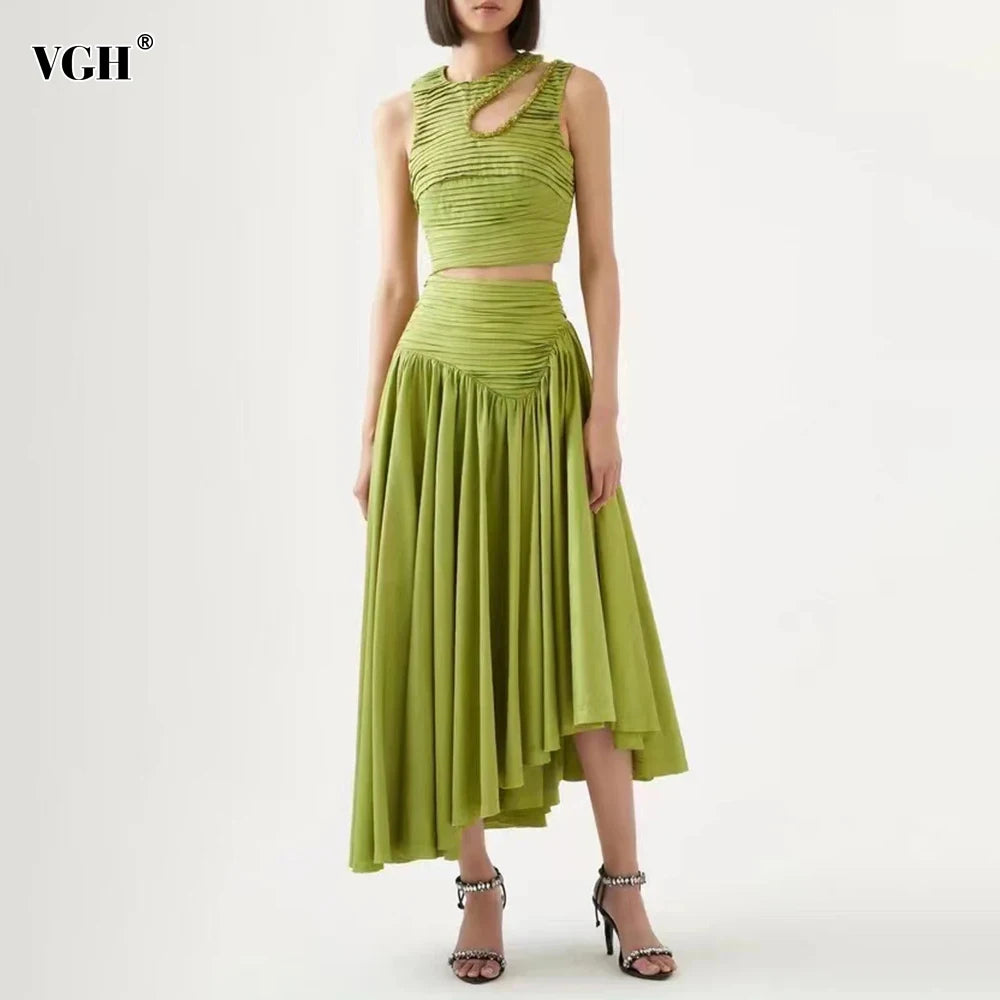 Maxy Slim Two Piece Sets For Women Round Neck Sleeveless Hollow Out Pleat Crop Tops Irregular Hem Pleated Skirt Solid Set Female