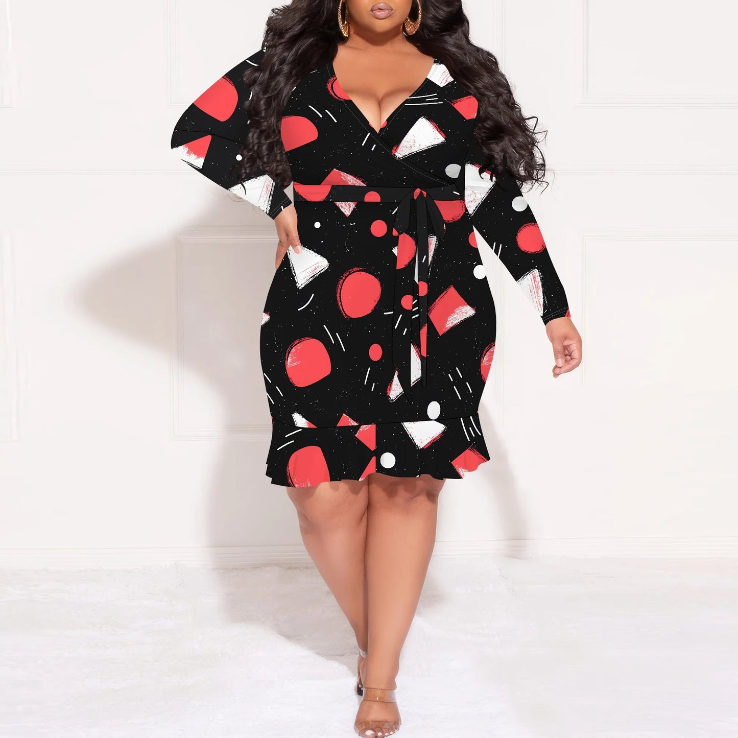 Maxy Hot selling European and American black plus size dress personalized graffiti pleated long-sleeved waist tight skirt