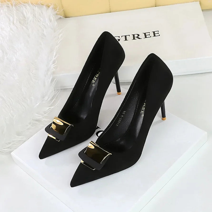 Amay BIGTREE Shoes Metal Buckle Decoration Women Pumps Suede High Heels Ladies Shoes Stilettos Luxury Women Heels Shoes Large Size 43