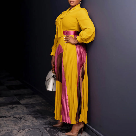 Amay Clothes for Women Elegant Pleated Bow Collar Maxy Dress and Belt Africa Clothing Robe Femme Spring