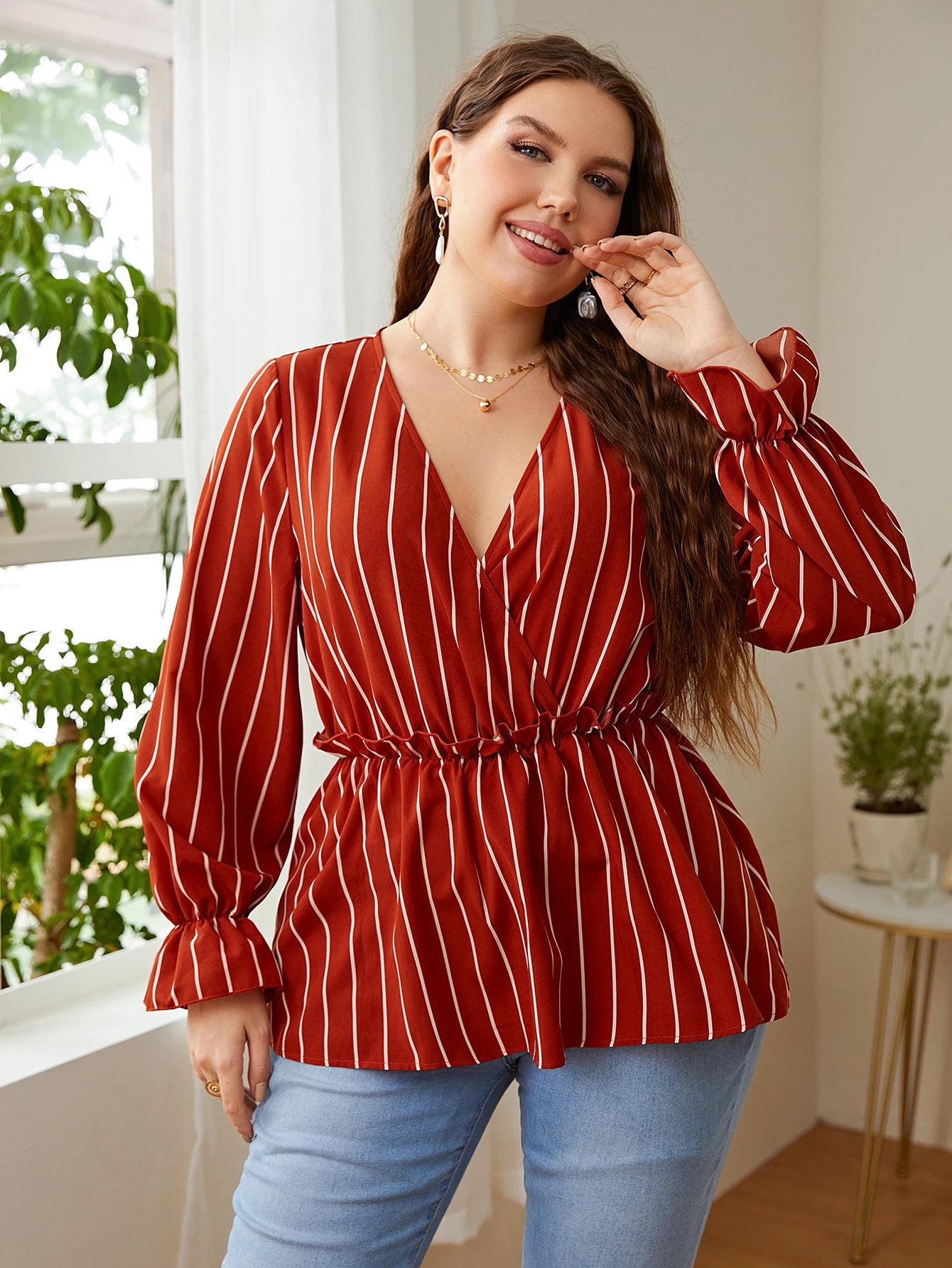 Maxy Women Plus Size Vintage Long Sleeve Tops Striped Print Wrap V-Neck Loose Ruffles Elastic Waist Peplum Blouses 3XL 4XL