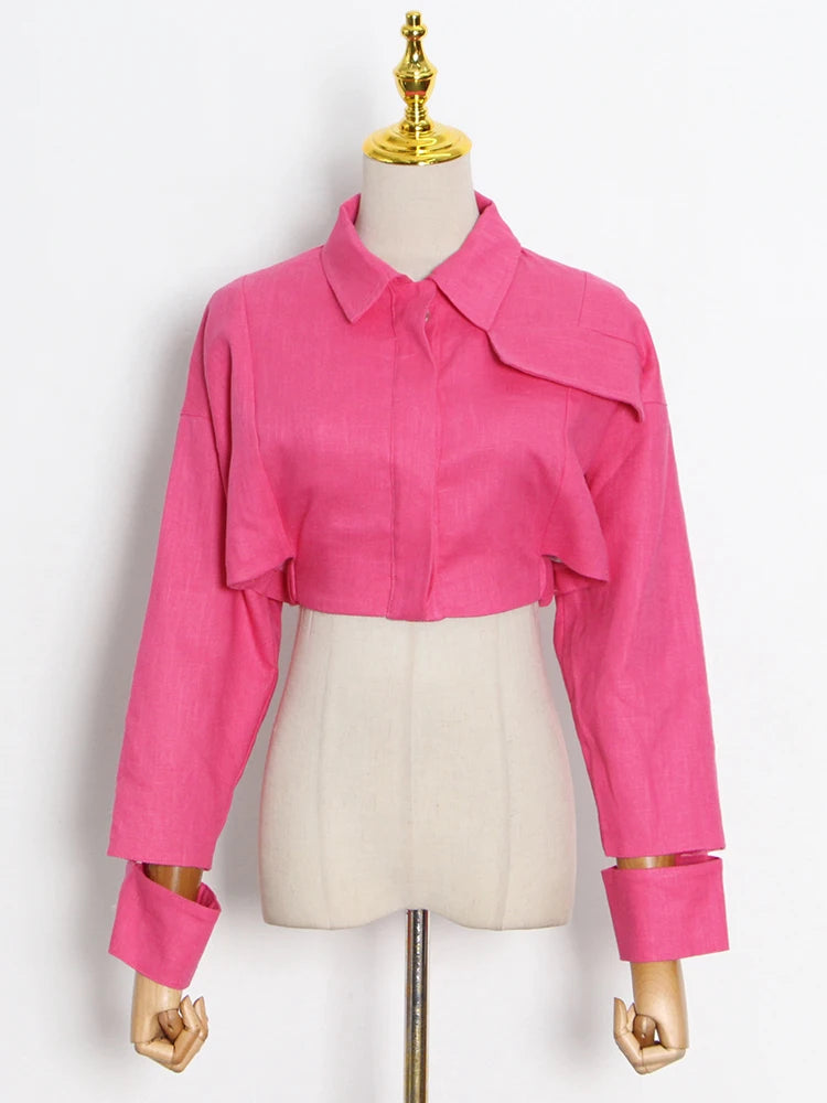 Maxy TWOTWINSTYLE Solid Casual Two Piece Set For Women Lapel Collar Long Sleeve Short Top High Waist Slim Skirt Female Fashion