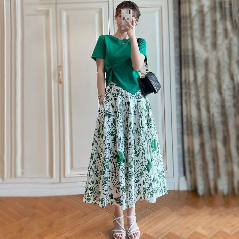 Maxy Women's Summer Chic Print Midi Skirts Green Short T Shirts Two Piece Set New Lady Fashion Pleat Tops Skirt Outfits