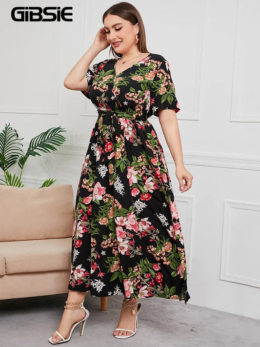 Gacy Plus Size V Neck Floral Print Boho Dress Women Summer Short Sleeve Maxy Dresses Holiday A-line Female Belted Dress