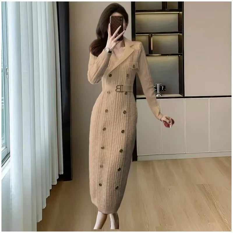 Maxy Spring New French Elegant Knitted Midi Dress Women Fashion Lapel Long Sleeve Belt Two Breasted Stretch Party Dress Female